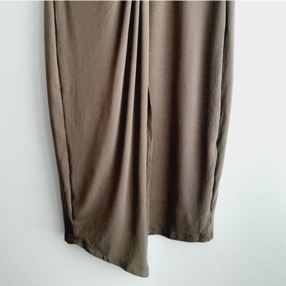 DYNAMITE Faux Wrap Soft Draped Gathered Sleeveless Stretch Mini Dress Taupe Sz S - Picture 6 of 13
